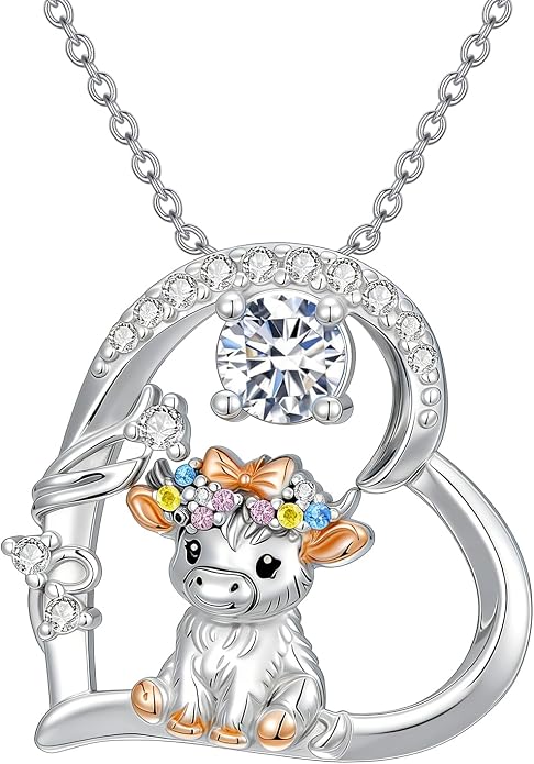 Highland Cow Gifts for Women 925 Sterling Silver Highland Cow Birthstone Necklace Fluffy Cow Jewelry Gifts Birthday Christmas