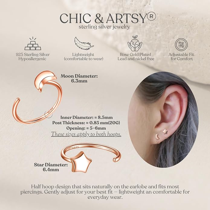 CHIC & ARTSY 925 Sterling Silver Half Hoop Earrings for Women, Small Huggie Hoops Set with Ball Bar Star Moon Cross & Pearl, Lightweight Comfort Fit Everyday & Sleep Earrings