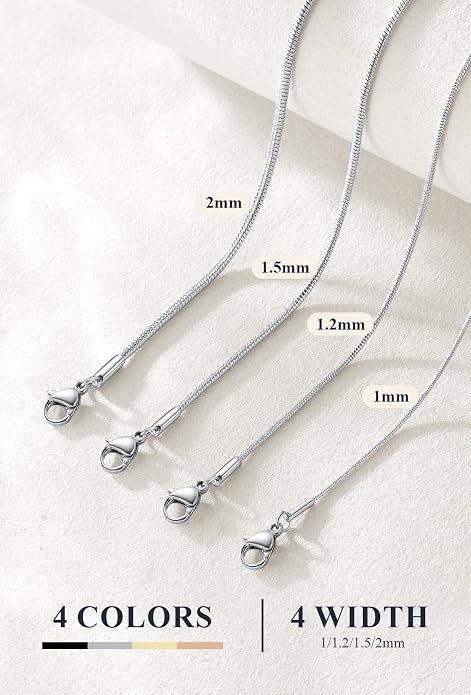 U7 Snake Necklace for Women 14K Gold Plated/Silver/Rose Gold/Black Chain Necklace Hypoallergenic, Stainless Steel Tiny Snake Chain Necklace 1/1.2/1.5/2MM, 14-30" Adjustable Minimalist Gift