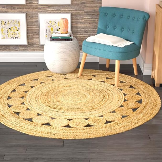 KEMA Jute Area Rug 3ft Round Natual Braided Dot Handwoven Rug Rustic Vintage Reversible Boho Area Rugs for Farmhouse, Living Room, Bedroom, Patio, Kitchen