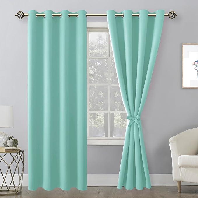 Hiasan Blackout Curtains for Bedroom, 52 x 84 Inches Long - Thermal Insulated & Energy Saving Window Curtains for Living Room, 2 Drape Panels Sewn with Tiebacks, Aqua