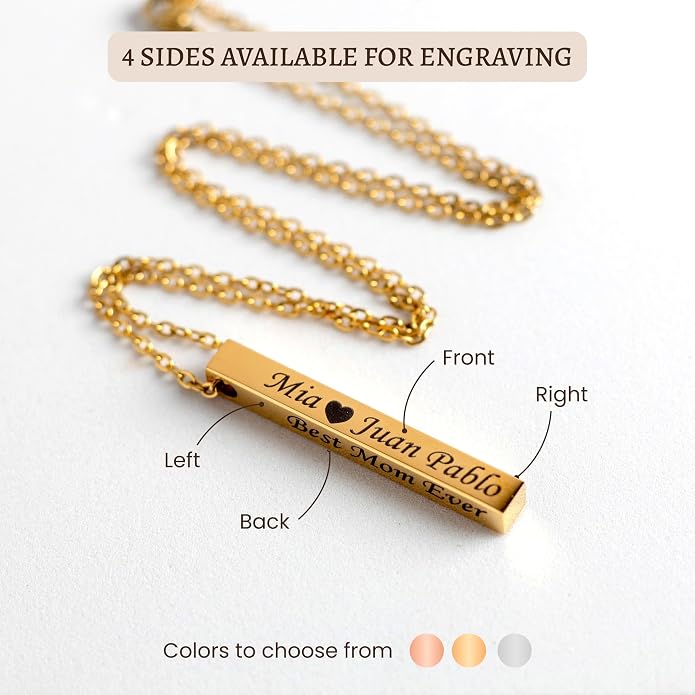 Personalized bar necklace for women, custom engraved stainless steel name plate necklace gift gold, silver and rose gold for mothers day, coordinates, dates, roman numeral, friendship, christmas