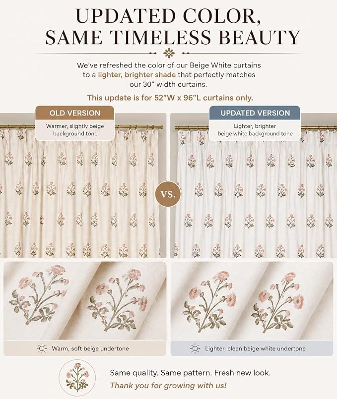 DrapePalette - Linen Blend Pinch Pleated Curtains 96 Inches Long for Living Room, Bedroom, Dining Room, Light Filtering Curtains 1 Panel Set, Modern Floral Printed Design, Beige White, 52" W x 96" L