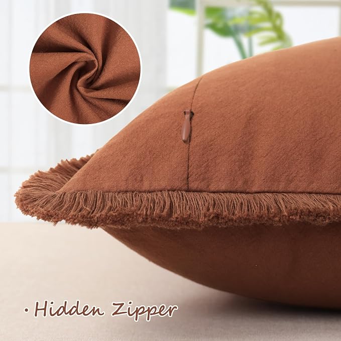 ZWJD Pillow Covers 16x16 Set of 2 Rust Throw Pillow Covers with Fringe Chic Cotton Decorative Pillows Square Cushion Covers for Sofa Couch Bed Living Room Farmhouse Boho Decor