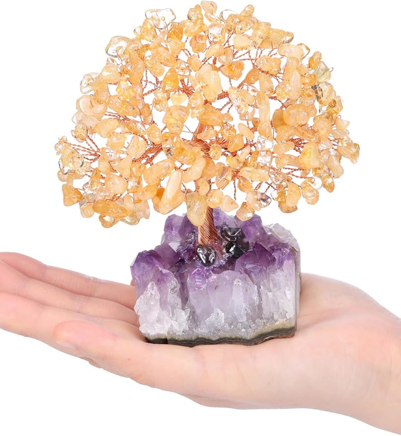Jovivi Natural Citrine Healing Crystal Money Tree on Amethyst Cluster Geode Druzy Base Feng Shui Crystals for Home Office Desk Decorations, Wealth, Good Luck