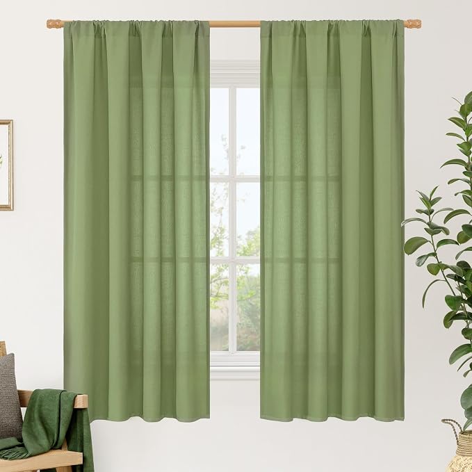 LAMIT Green Linen Curtains 63 inch Length for Bedroom, Faux Linen Light Filtering Window Treatments Neutral Rod Pocket Drapes for Living Room/Farmhouse, 2 Panels Set, 42 x 63 Inch