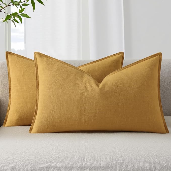 decorUhome Fall Mustard Yellow Linen Throw Pillow Covers 12x20 Set of 2 | Decorative Soft Cozy Modern Farmhouse Boho Accent Pillow Cases with Flange Edges for Couch Bed Sofa Living Room Home Decor