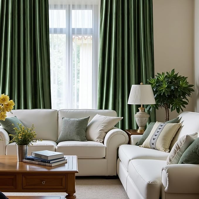 PRIMROSE Emerald Olive Green Velvet Curtains 96 inch Long for Living Room,Set of 2 Panels Blackout Rod Pocket Back Tab Window Treatment Room Darkening Heavy Decorative Curtains Drapes for Bedroom