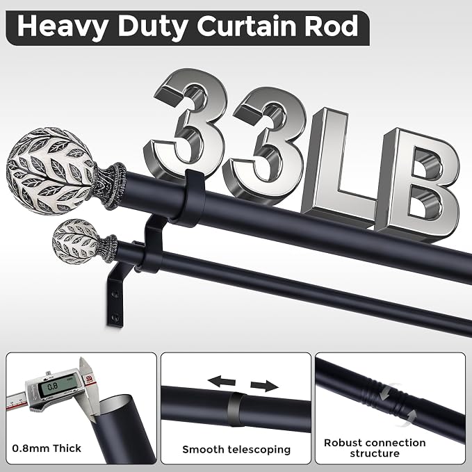 Boho Decorative Double Curtain Rods for Windows, 36-76 Inch, Black | Handmade Leaf Finials, Heavy Duty Adjustable Rustic Metal Dual Layer Curtain Rod, 40 lb Capacity, Easy to Install