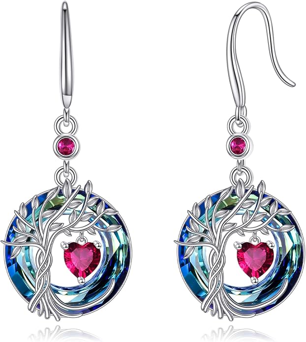 POPLYKE Tree of Life Birthstone Earrings 925 Sterling Silver Dainty Gemstone Birthstone Dangle Drop Earring with Crystal Fine Jewelry Birthday Gifts for Women Her