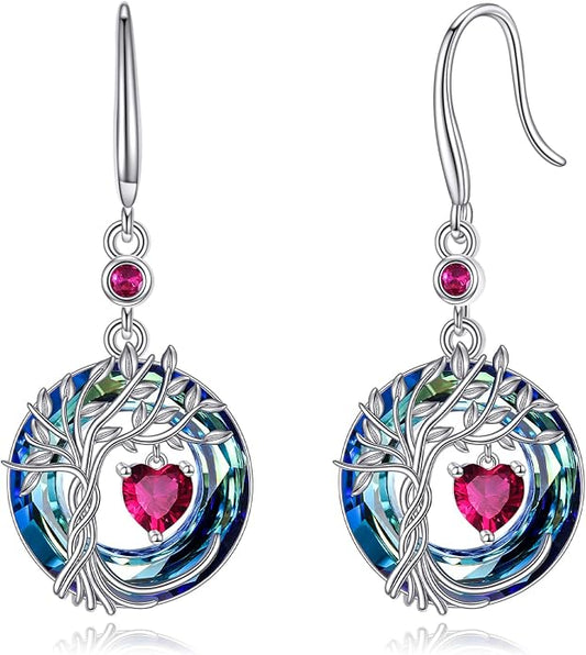 POPLYKE Tree of Life Birthstone Earrings 925 Sterling Silver Dainty Gemstone Birthstone Dangle Drop Earring with Crystal Fine Jewelry Birthday Gifts for Women Her