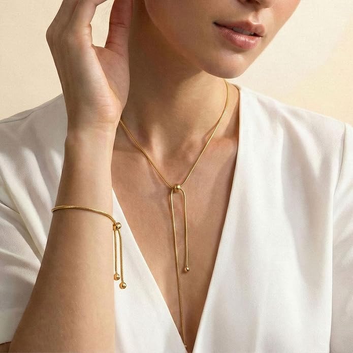 18k Gold Long Necklace for Women Dainty Snake Chain Bolo Adjustable Minimalist Round Bead Jewelry Trendy Simple Aesthetic Gifts for Her