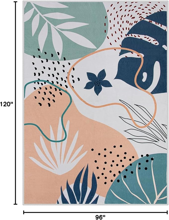 Lahome Machine Washable Rugs 8x10 - Ultra-Thin Soft 8x10 Rugs for Living Room Non-Slip Large Bedroom Rug, Boho Botanical Print Indoor Stain Resistant Floor Rug for Dining Room Table Office