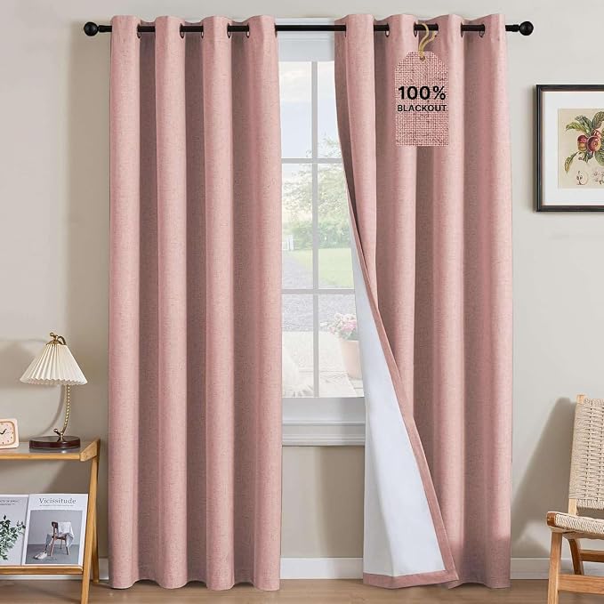 H.VERSAILTEX Linen Curtains 100% Blackout Curtains for Bedroom 96 inch Long Full Light Blocking Nature Linen Blended Window Curtains for Living Room Nickel Grommet (2 Panels, Heathered Baby Pink)