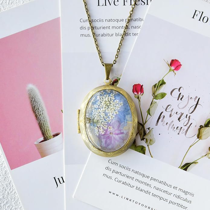 Vintage Photo Locket Necklace Handmade Pressed Flower Locket Necklace for Women