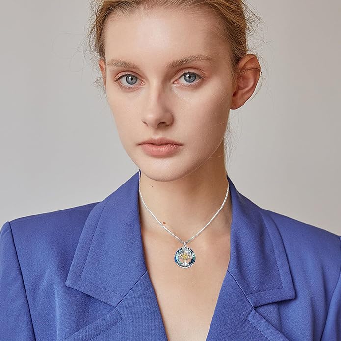 TOUPOP Tree of Life Necklace 925 Sterling Silver Celtic Knot Tree Pendant Jewelry with Blue Crystal Christmas Gifts for Women