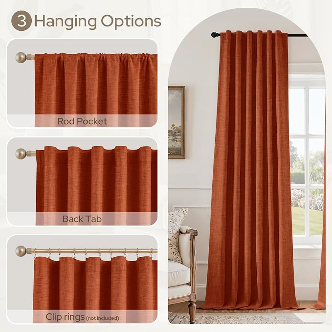 HOMEIDEAS 100% Blackout Faux Linen Curtains,Burnt Orange Modern Farmhouse Luxury Curtains 96 Inches Long 2 Panels, Rod Pocket & Back Tab for Boho Vintage Living Room,Bedroom Decor