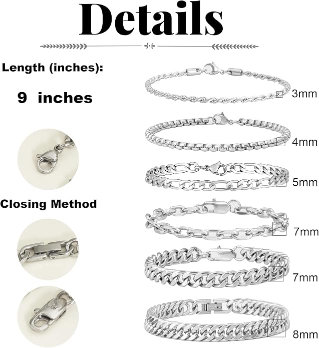 XIANNVXI 6pcs Bracelets for Men Gifts for Him Stainless Steel Bracelet Silver/Gold/Black Cuban Link Rope Paperclip Chain Bracelets Set 6.5/7/7.5/8.3/9 Inches Metal Bracelet Mens Fashion Accessories Jewelry Gifts Set