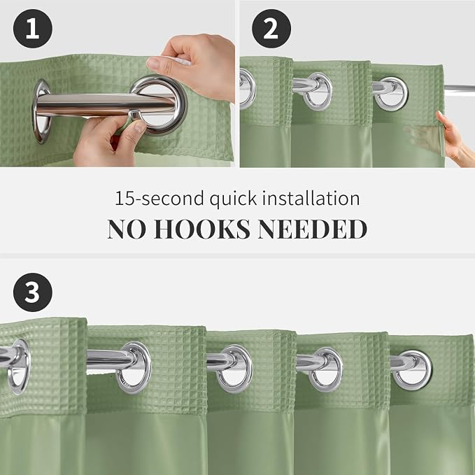 River Dream Cotton Blend Fabric Shower Curtain Set with Liner, Sage, 71x74 | Waffle Weave, No Hook Needed, with Snap in Replacement Liner, Top Sheer Window, Hotel Quality Fabric for Bathroom