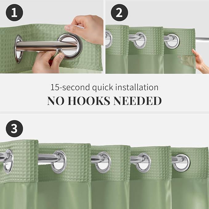 River Dream Cotton Blend Fabric Shower Curtain Set with Liner, Sage, 54x80 | Waffle Weave, No Hook Needed, with Snap in Replacement Liner, Top Sheer Window, Hotel Quality Fabric for Bathroom