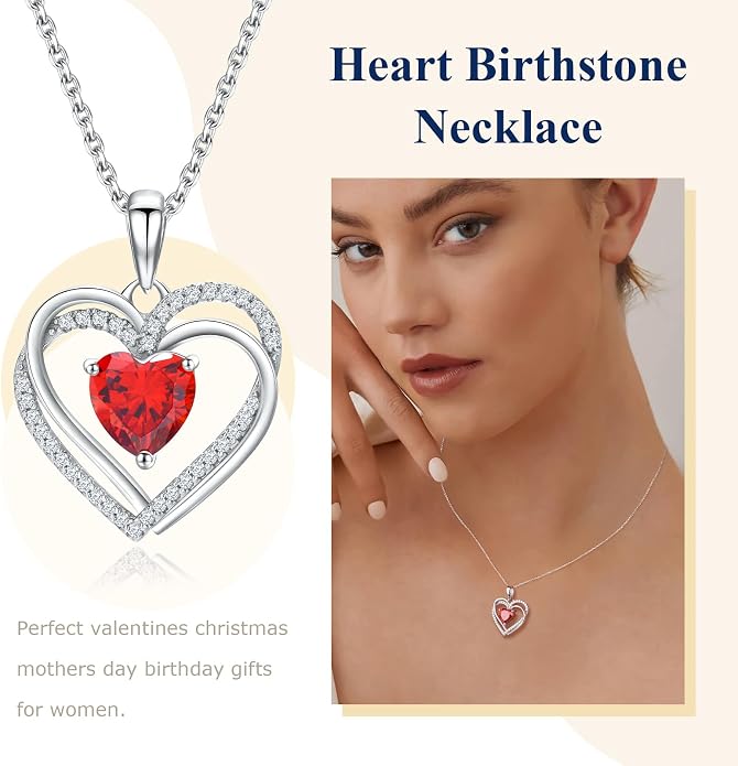 Anniversary Charm Necklace, Sterling Silver 14K Gold Plated Chain with Interlocking Heart Pendant Elegant Birthstone Necklaces for Women, Length 18"