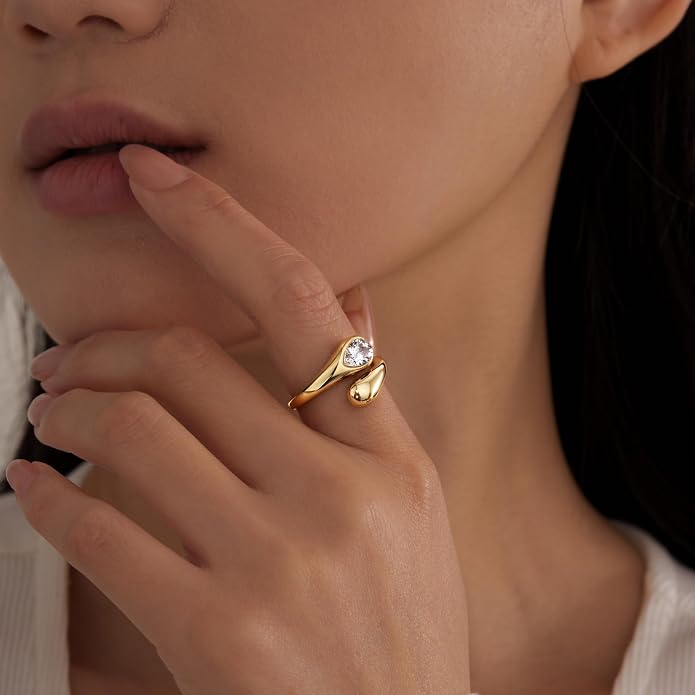 Non Tarnish Gold Chunky Rings for Women, 14K Gold Plated Statement Dome Rings Stacking Silver, Adjustable Mens Eternity Wedding Band Mixed Metal Jewelry Size 3-13