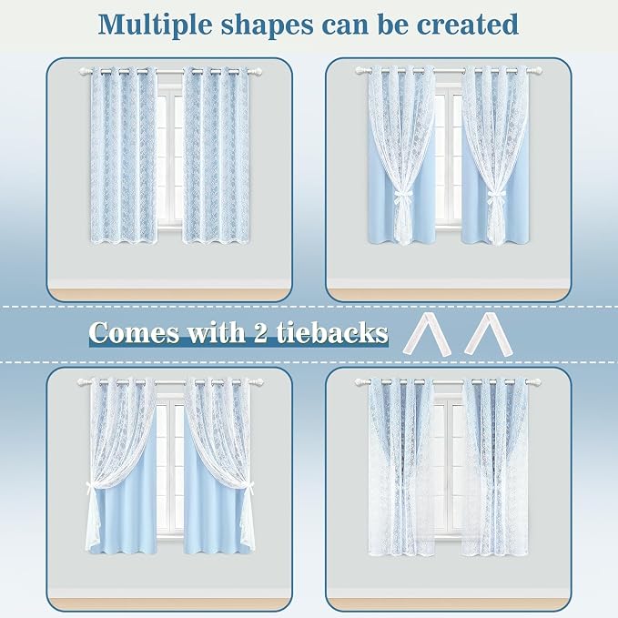 Yinhua Double Layer Blackout Curtains for Bedroom Blue Curtains for Living Room 63 Inch Length 2 Panels Set Kid Curtain with Tiebacks, Grommet Drapes with Floral Sheer Overlay, 52" W x 63" L