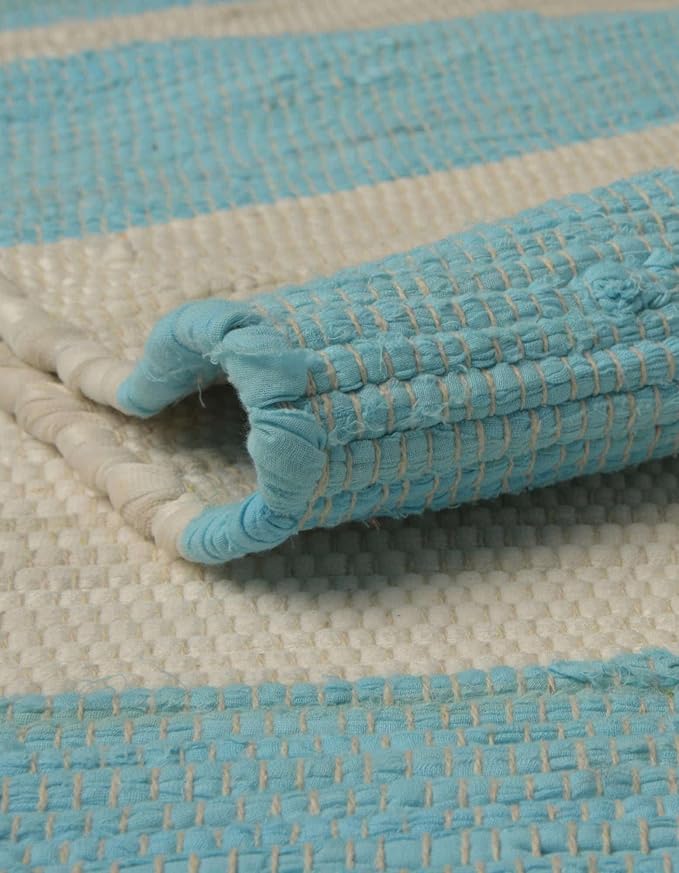 Unique Loom Chindi Rag Collection Area Rug - Striped (10' x 14' 1" Rectangle, Turquoise and Ivory)