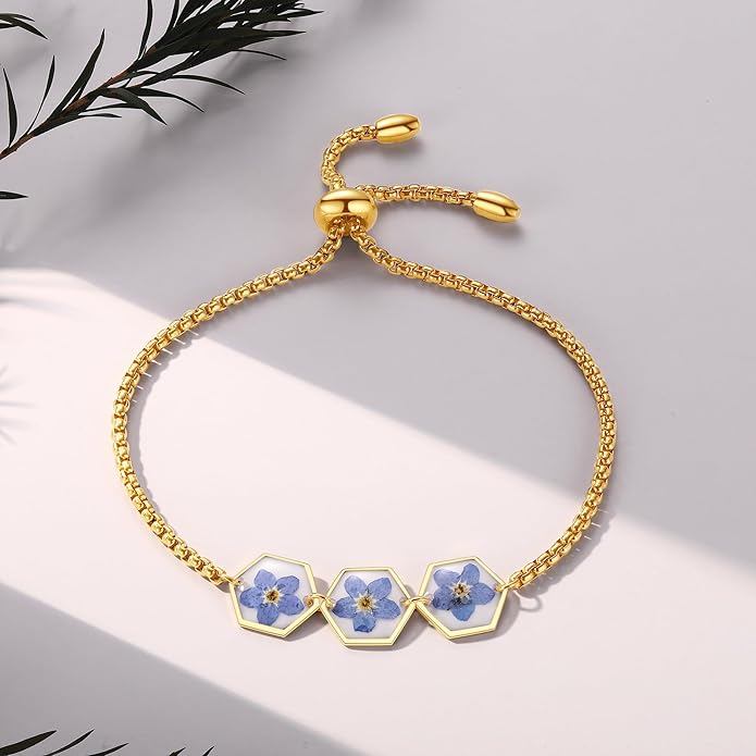 AUNTESIGN Forget-Me-Not Pressed Wildflower Bracelet | Pressed Flower Bracelet | Gold/Silver Pressed Flower Jewelry | Personalized Handmade Jewelry | Gift For Women
