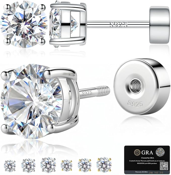 Moissanite Stud Earrings for Women, S925 Sterling Silver Screw Back Flat Back Earrings, Hypoallergenic 14K Gold/White Gold Plated Cartilage Piercing Studs, D Color VVS1 Round Cut 3-5mm