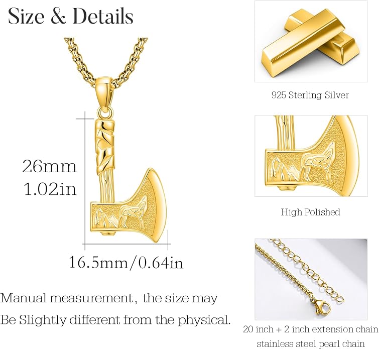 MEDWISE Viking Axe Pendant Necklace Celtic Wolf S925 Sterling Silver Celtic Norse Talisman Viking Rune Viking Jewelry Axe Warrior Hatchet Axe Amulet Necklace for Men Women