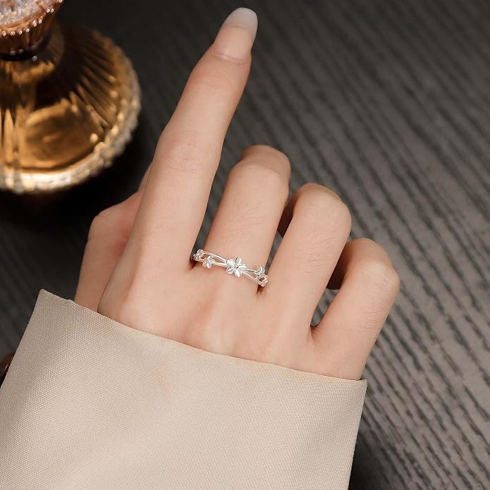 Adjustable Flower 925 Sterling Silver Ring for Women Daisy Plumeria Flower Stacking Open Statement Finger Rings Wedding Engagement Promise Bands Dainty Jewelry Gifts Daughter Birthday