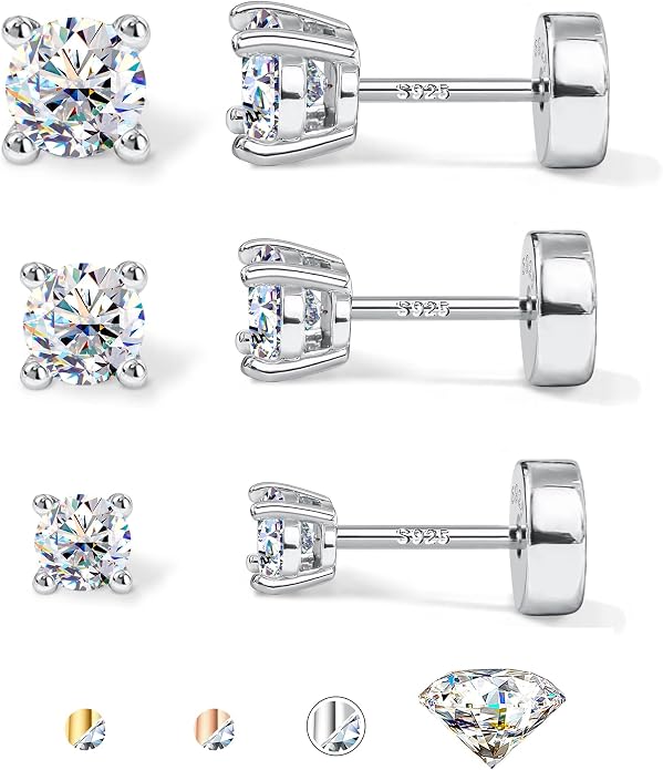 GEMQUEEN 3/4 Pairs Moissanite Earrings Studs 14K Gold Plated S925 Sterling Silver Flat Back Earring for Women Men - Hypoallergenic Set Cartilage Helix Piercing Jewelry Trendy D Color VVS1
