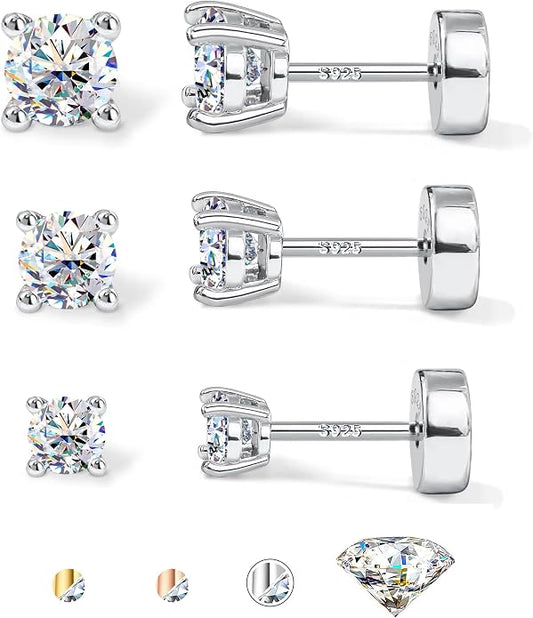 GEMQUEEN 3/4 Pairs Moissanite Earrings Studs 14K Gold Plated S925 Sterling Silver Flat Back Earring for Women Men - Hypoallergenic Set Cartilage Helix Piercing Jewelry Trendy D Color VVS1