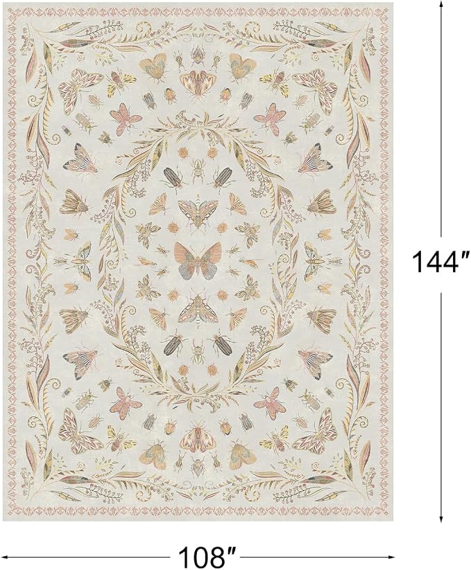 Lunasun Insect Beige Pink Rug for Living Room - 9x12 Cute Rugs for Bedroom, Moth Floral Boho Design, Low Pile Stain Resistant Washable, Perfect for High Traffic Area