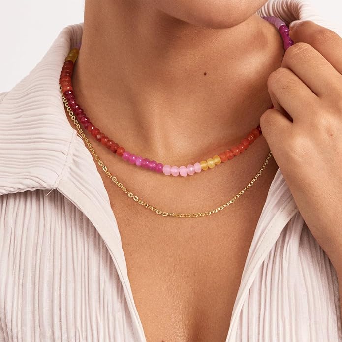 KELORIS PATH Beaded Necklace for Women, Colorful Gemstone Boho Bead Choker for Beach, Trendy Summer Natural Stone Jewelry Gifts