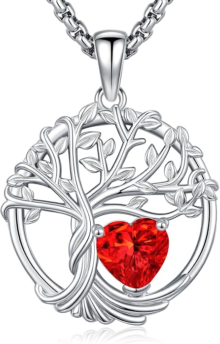Birthstone Tree of Life Necklace for Women Heart Crystal Pendant Silver Plated Birthday Anniversary Jewelry for Wife, Mom, and Her