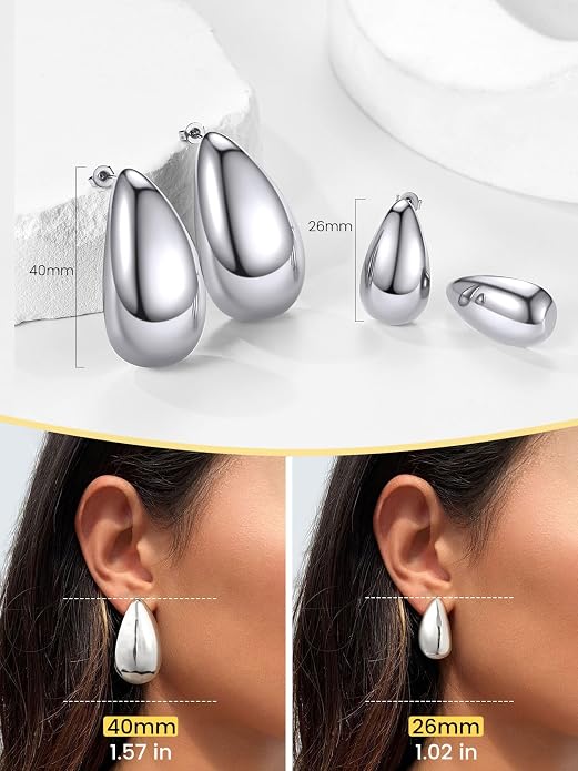 KeyStyle Chunky Gold Hoop Earrings for Women Trendy, Stainless Steel TearDrop Hoops Earring, Lightweight Water Drop Ear Jewerly