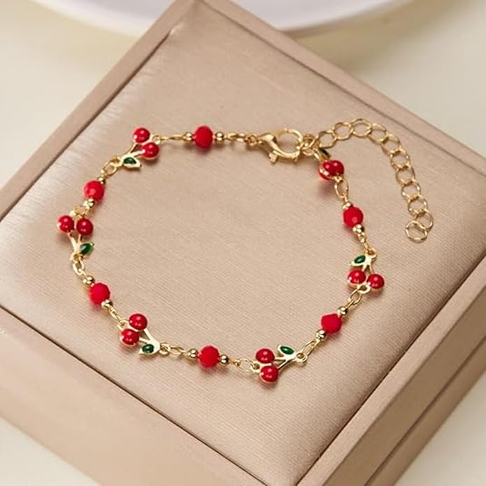 Cherry Bracelet for Women Gold Evil Eye Link Bracelet Dainty Flower Daisy Bracelets Pearl Butterfly Heart Charm Bracelets Adjustable Summer Beach Jewelry