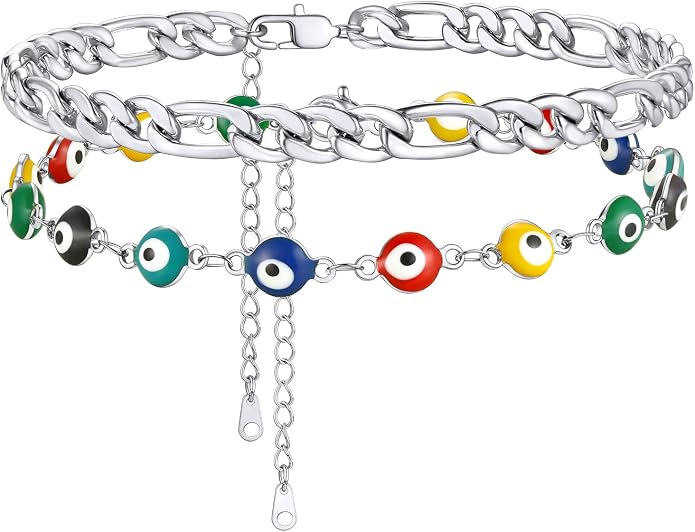 Supcare Evil Eye Anklets for Women,Cuban/Figaro/Mariner/Snake Chain Layered Ankle Bracelet Gifts (with Gift Packing)