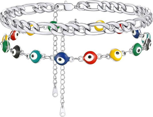 Supcare Evil Eye Anklets for Women,Cuban/Figaro/Mariner/Snake Chain Layered Ankle Bracelet Gifts (with Gift Packing)