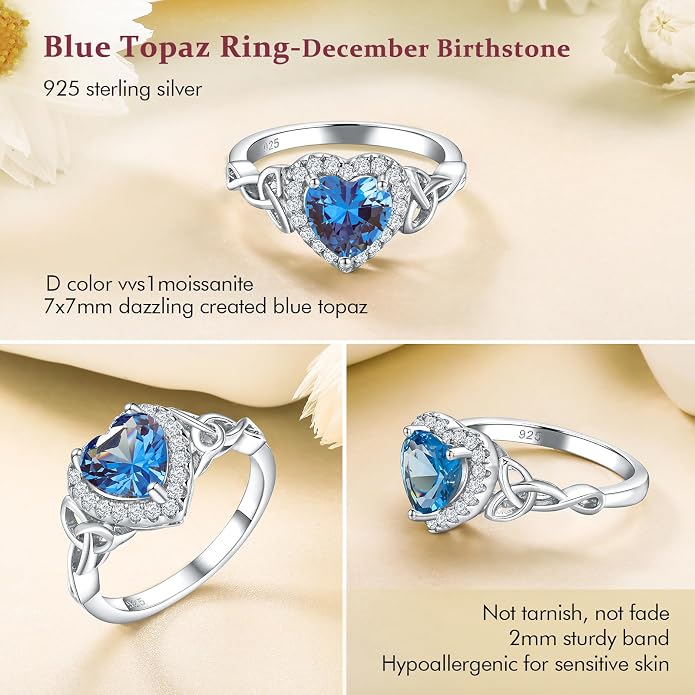 DAYBYDAY Celtic Birthstone Rings for Women 925 Sterling Silver Heart/Round/Pear/Oval Created Gemstone Moissanite Halo Engagement Promise Rings for Her Wife Birthday Anniversary Wedding Jewelry