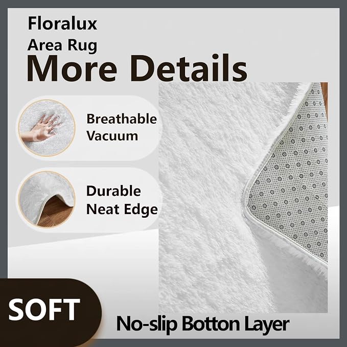 Floralux White Fluffy Rugs for Bedroom Living Room 4x6 Rug, Soft Fluffy Fuzzy Carpet, Shag Plush Carpets for Nursery Kids Room