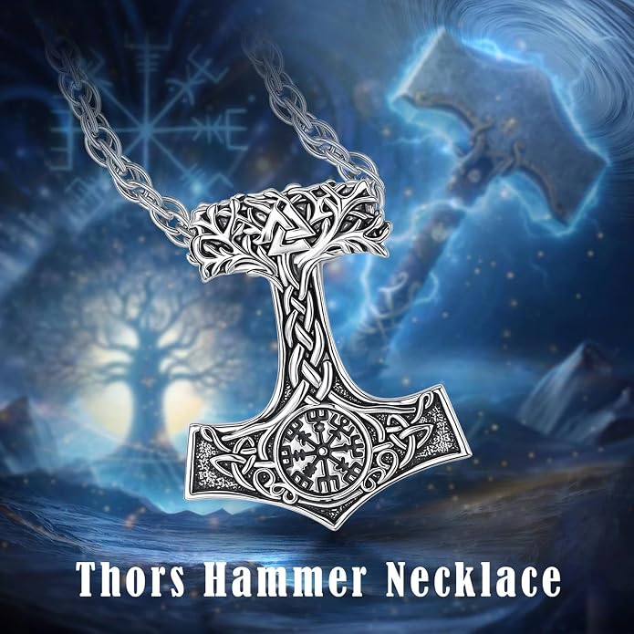 INFUSEU Mythology Pendant Necklaces for Men, Viking Norse Mjolnir Egyptian Anubis Ankh, 22-24 Inch Chain
