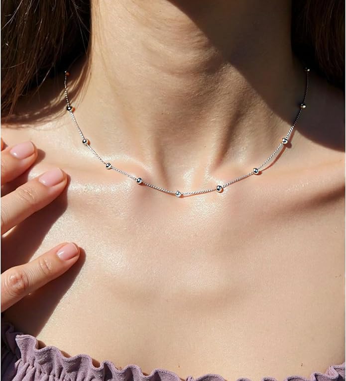 EPIRORA Choker Necklace for Women 925 Sterling Silver Gold Plated Dainty Satellite Bead Chain Pendant Minimalist Jewelry, 16''+2"