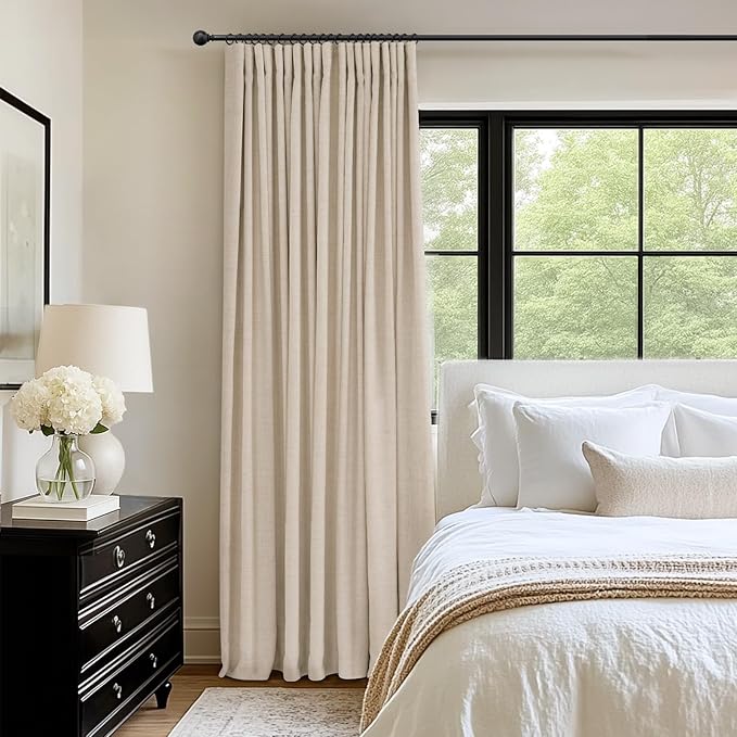 INOVADAY 100% Blackout Curtains for Bedroom, Oatmeal Black Out Curtains 84 Inch Long, Clip Rings Linen Blackout Drapes, Thermal Insulated Room Darkening for Living Room, 1 Panel - W102xL84