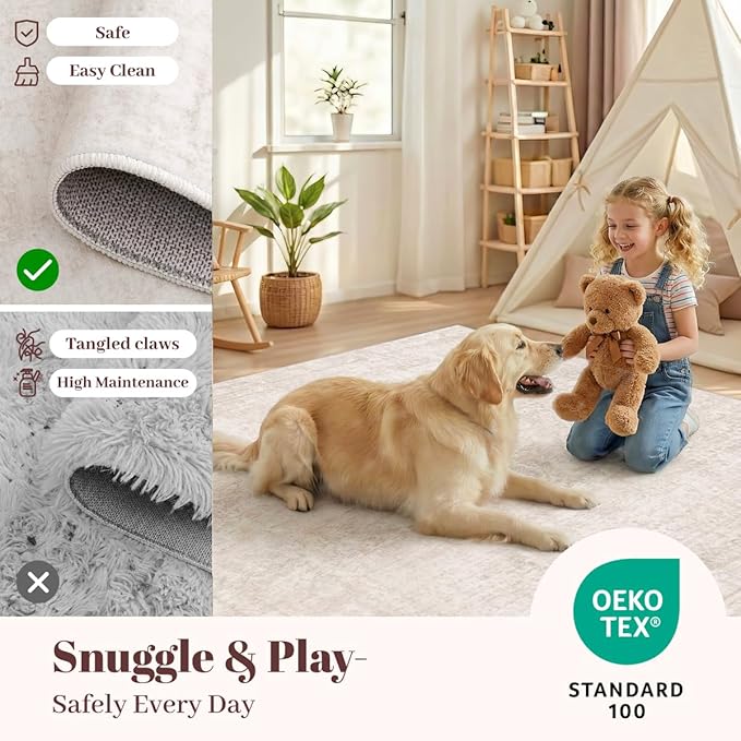 Homemate Washable Rug 3x5 Area Rugs - Vintage Faux Wool Rugs for Living Room Bedroom Dining Room - Non Slip Foldable Carpet Indoor Area Rug for Home Decor（3'x5', Beige