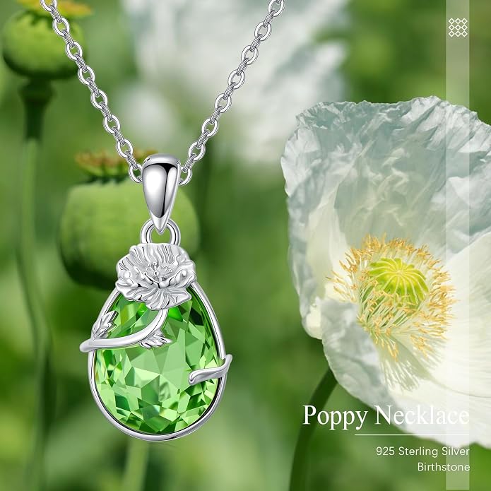 925 Sterling Silver Birth Flower Necklace with Teardrop Shaped Birthstone - 12 Colors, 12 Kinds of Flower - Ideal Birthday Jewelry Gift for Women, Mothers, Daughters & Wives