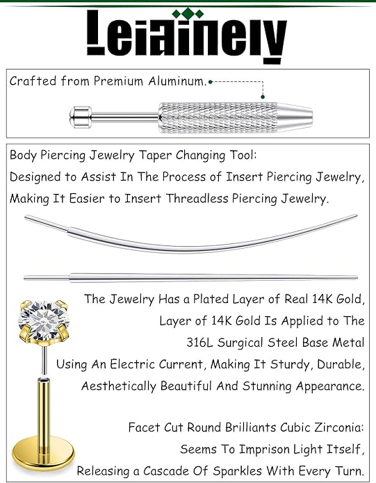 20/18/16g Gold Flat Back Threadless Earrings Nose Rings Lip Studs Surgical Steel Piercing Jewelry for Women Men