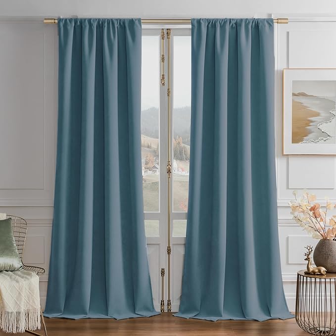 Joydeco Blackout Velvet Curtains Greyish Blue 84 Inch Rod Pocket | Luxury Thermal Insulated Velvet Curtains for Bedroom Living Room, Soundproof Blackout Window Drapes